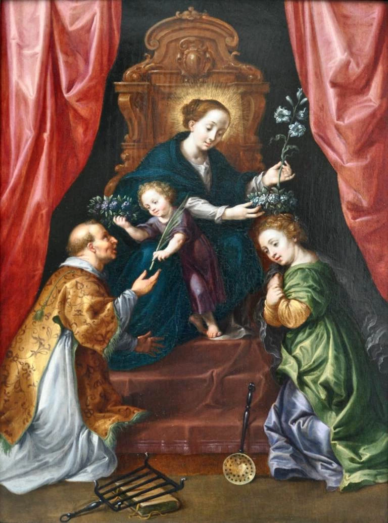 Madonna col Bambino adorata da San Lorenzo e Santa Marta - Kunsthandel Rafael Valls Limited